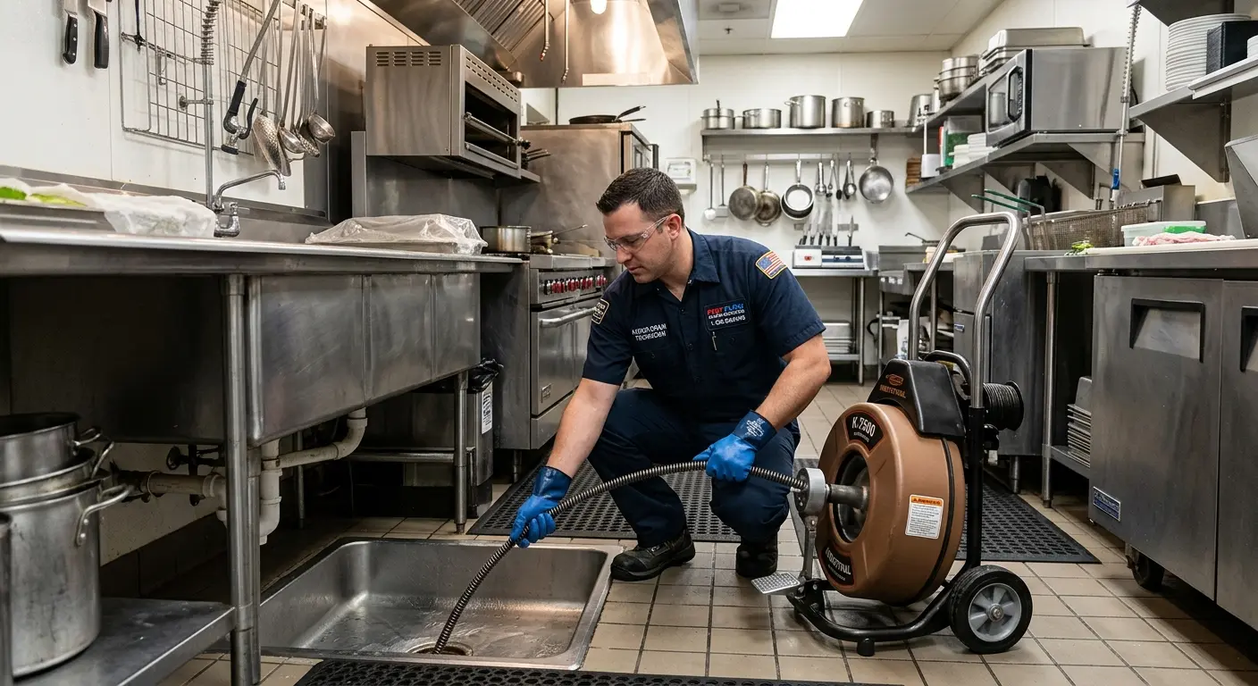 Commercial drain cleaning service in a restaurant kitchen in Orchards