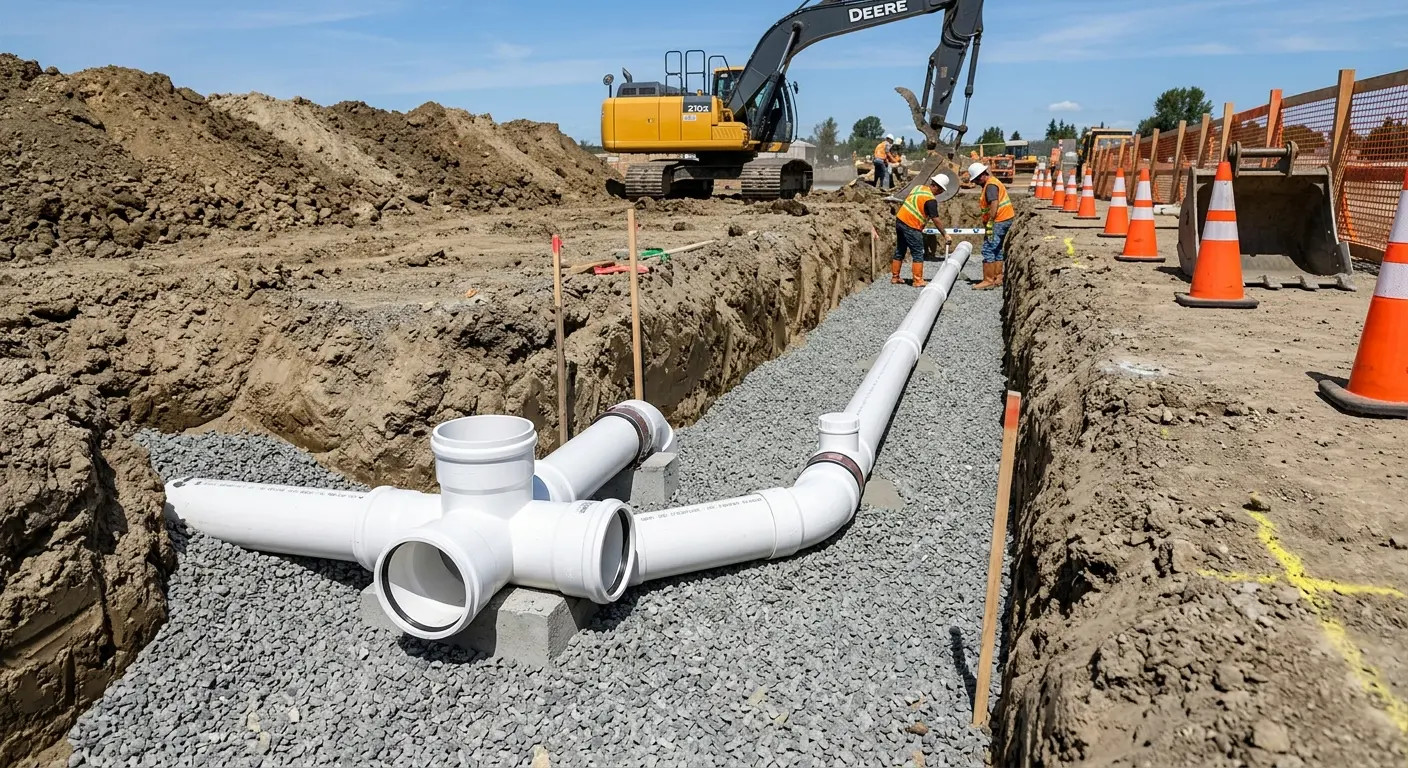New PVC sewer pipe installation in open trench for Commercial Drain Cleaning in Orchards