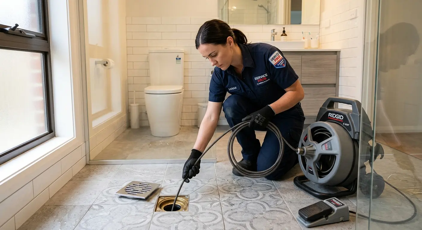 Technician clearing a bathroom floor drain for Hydro Jetting in Orchards